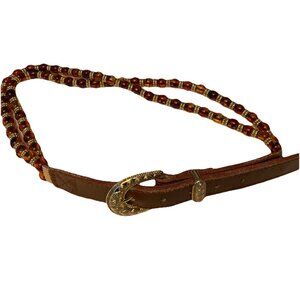 Vtg Compagnie Int Express Gold Tone Amber Color Glass Beaded Leather Belt Size M